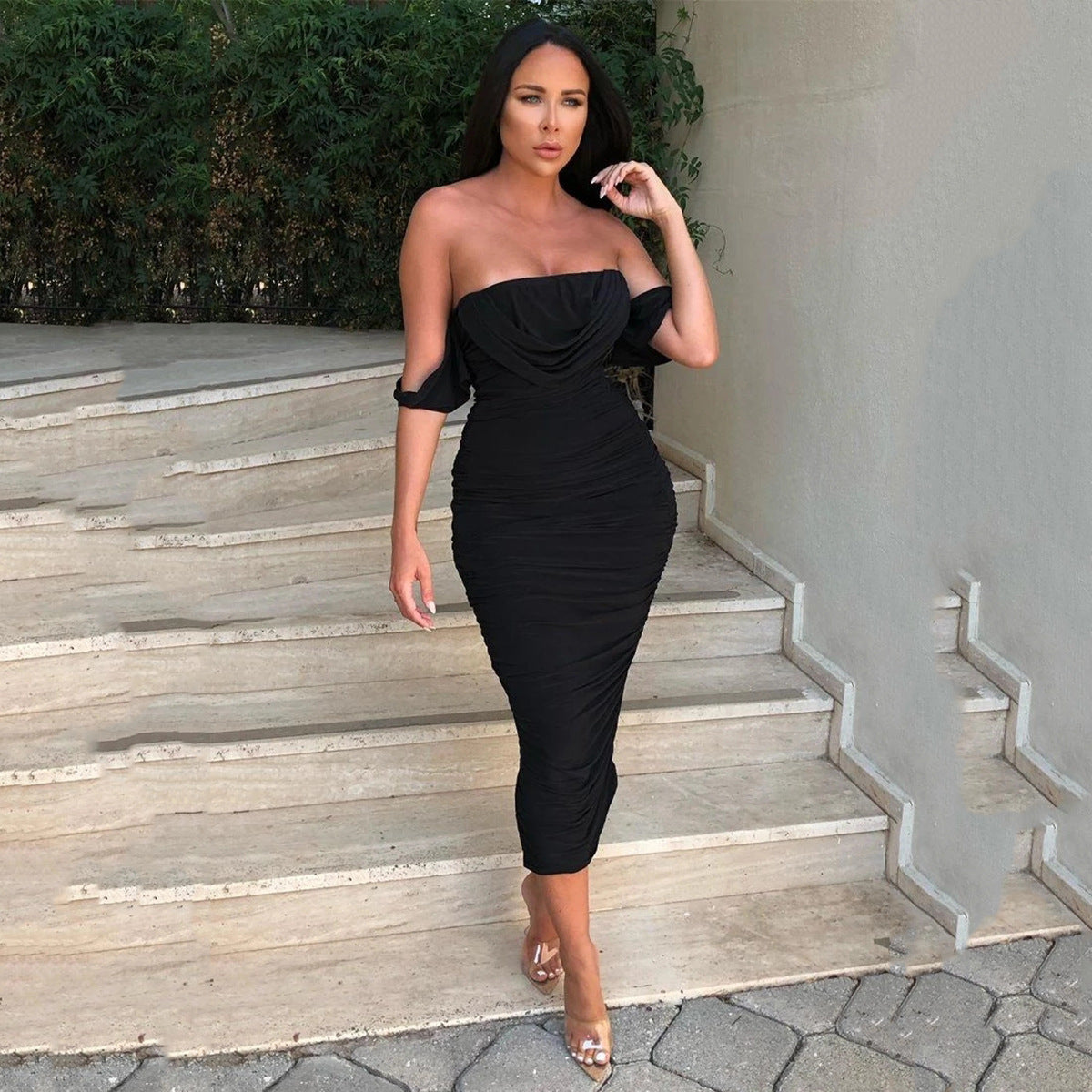KLITI™ - Elegant Off-Shoulder Ruched Bodycon Midi Party Kleid