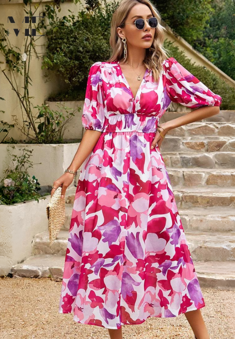 Roxanne | Elegant Floral Midikleid with Puff Sleeves