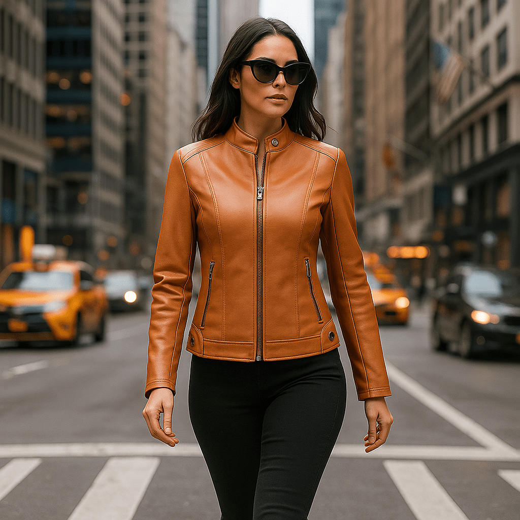 Damen Leather Jacket - Elegant Design - Mao Collar - Comfort