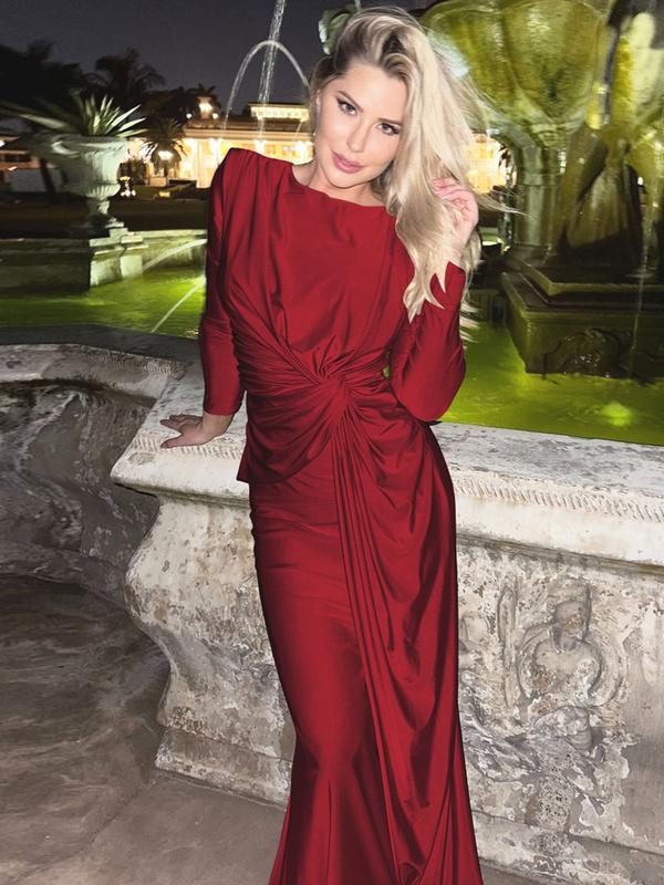 ANNA™ - Elegant Solid Color Ruched Padded Shoulder Bodycon Kleid