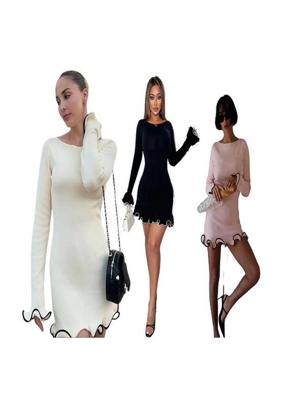 SARAH™ - Elegant Colorblock Wave Hem A-Line Long Sleeve Kleid