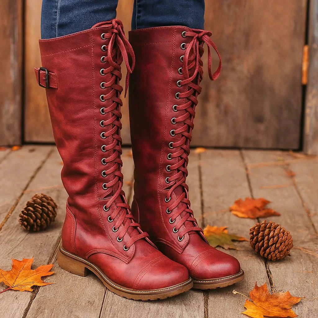 Damen Kniestiefel - Natural Leather - Lace-Up
