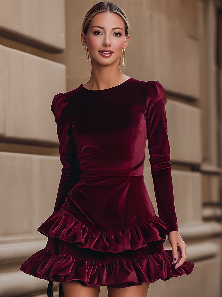 Aurelia | Burgundy Velvet Ruffle Kleid