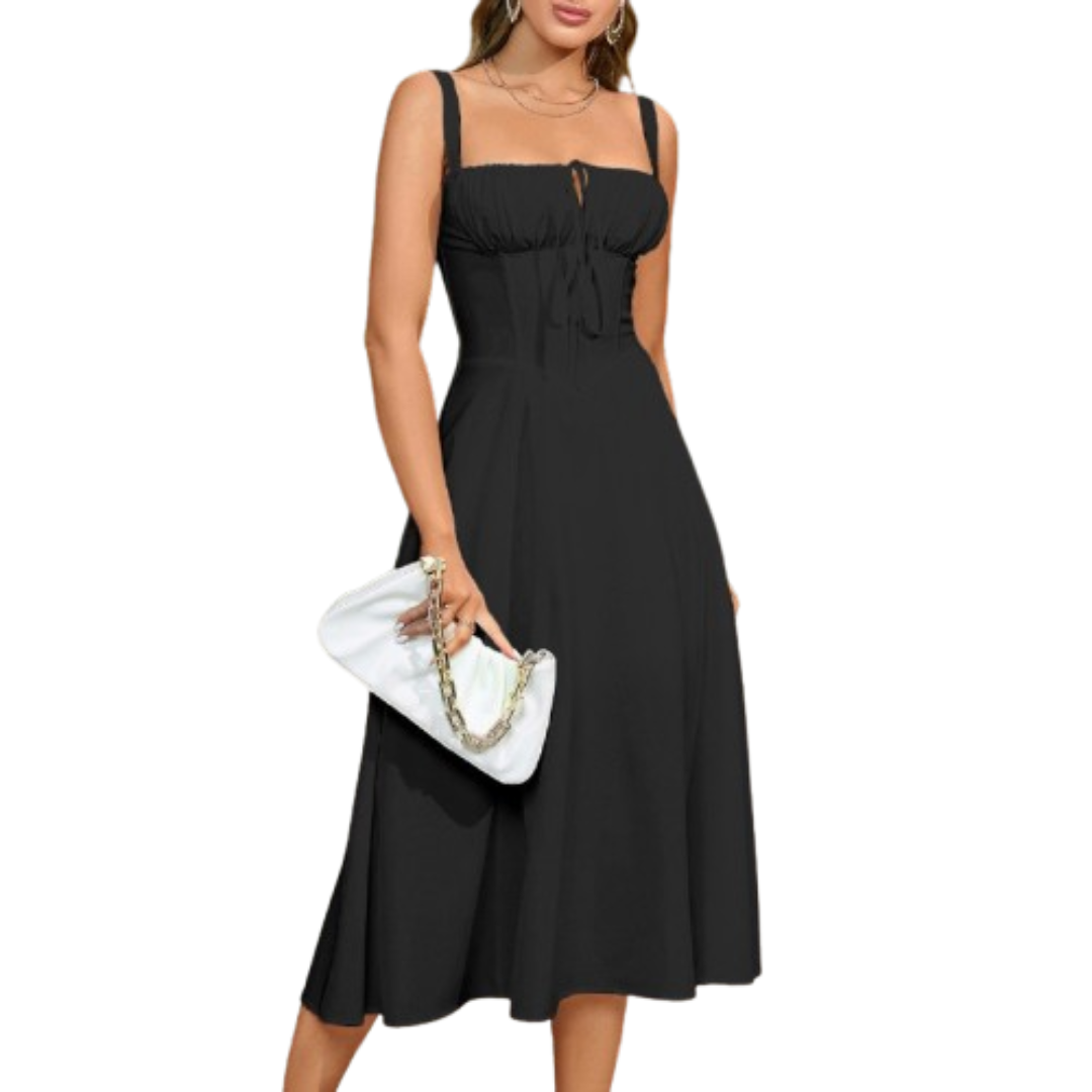 ARIELLOU™ – Elegant Lace-Up Square Neck Midikleid