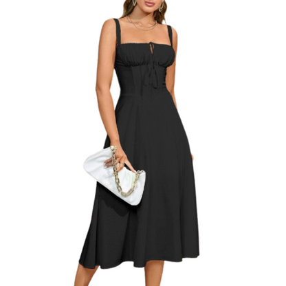 ARIELLOU™ – Elegant Lace-Up Square Neck Midikleid