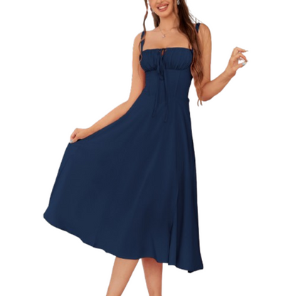ARIELLOU™ – Elegant Lace-Up Square Neck Midikleid