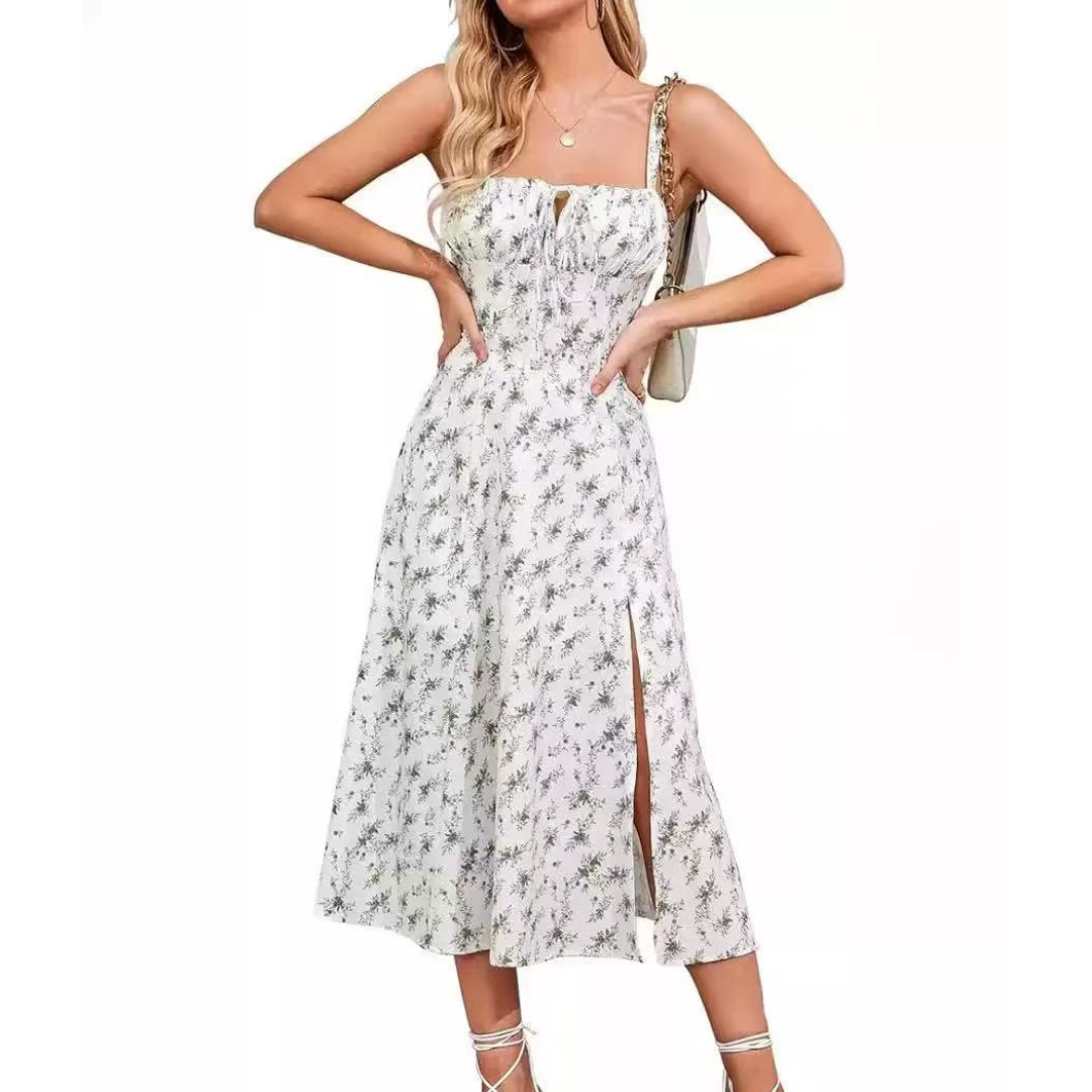 ARIELLOU™ – Elegant Lace-Up Square Neck Midikleid