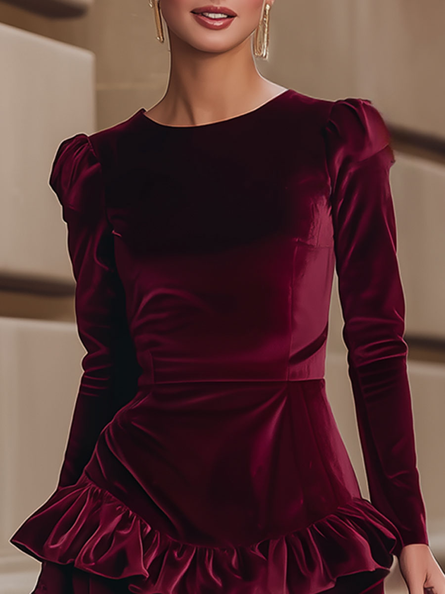 Aurelia | Burgundy Velvet Ruffle Kleid