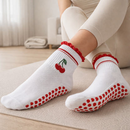 Damen’s Pilates Socks - Cherry Embroidered Non-Slip