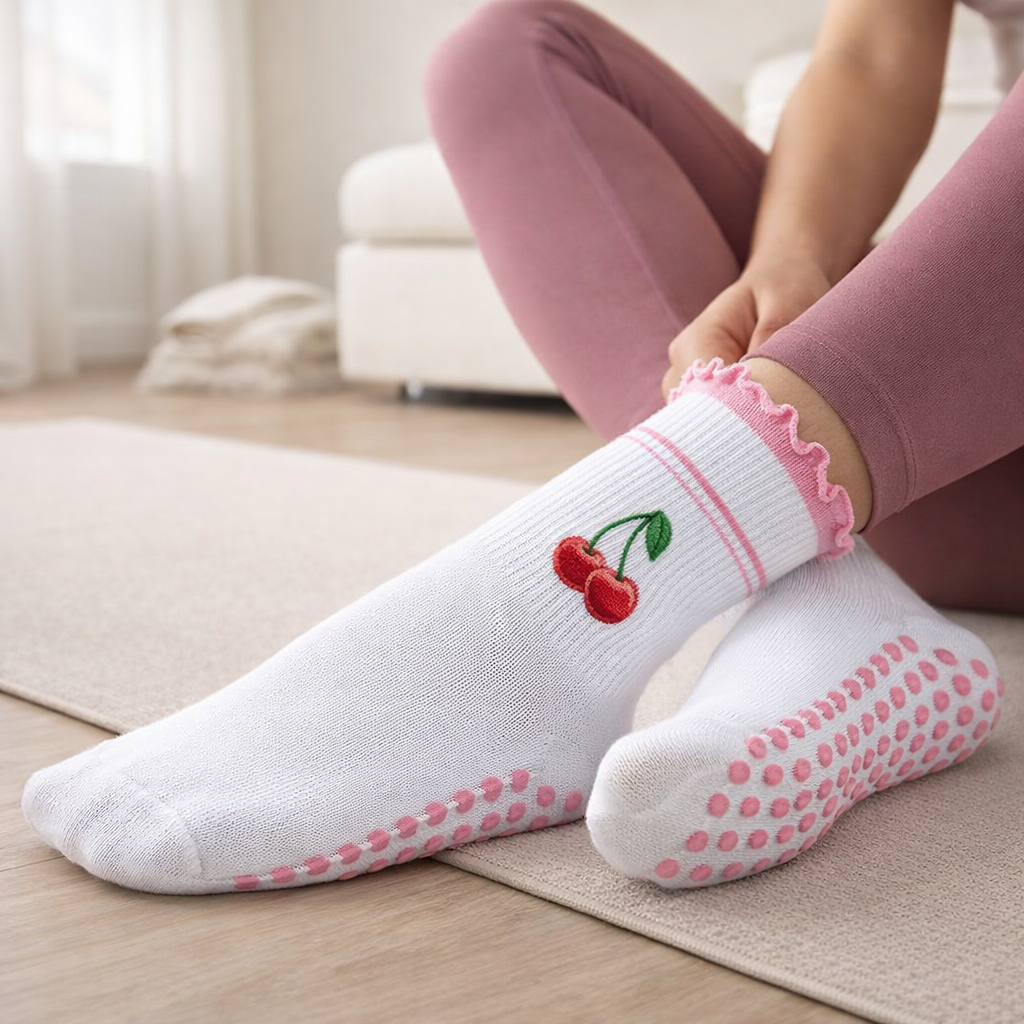 Damen’s Pilates Socks - Cherry Embroidered Non-Slip