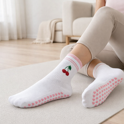 Damen’s Pilates Socks - Cherry Embroidered Non-Slip