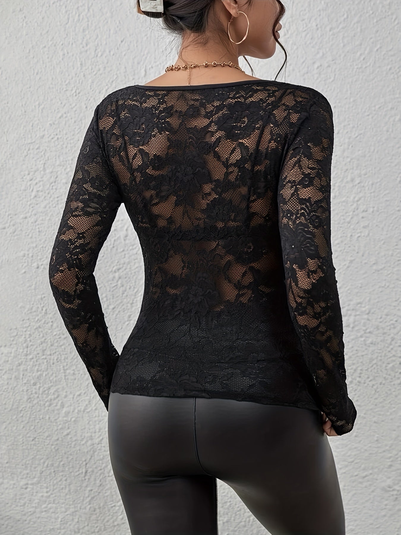 Damen’s Sheer Floral Lace V-Neck Long Sleeve Bluse