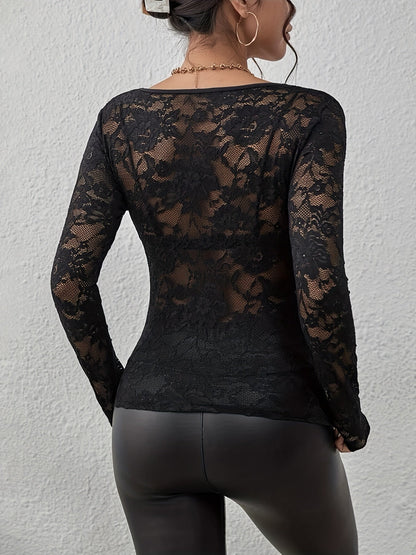 Damen’s Sheer Floral Lace V-Neck Long Sleeve Bluse
