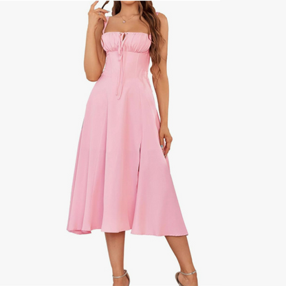 ARIELLOU™ – Elegant Lace-Up Square Neck Midikleid