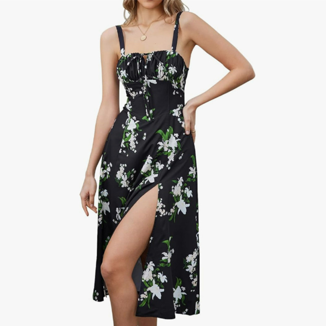 ARIELLOU™ – Elegant Lace-Up Square Neck Midikleid