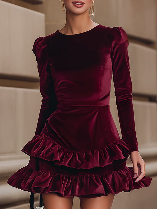 Aurelia | Burgundy Velvet Ruffle Kleid
