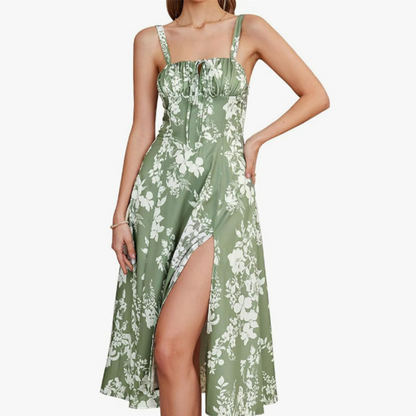 ARIELLOU™ – Elegant Lace-Up Square Neck Midikleid