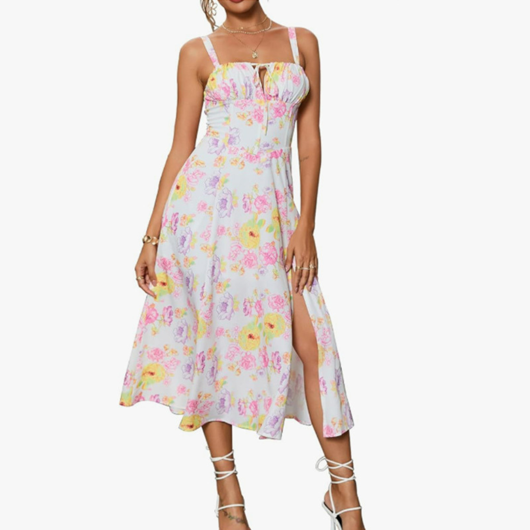 ARIELLOU™ – Elegant Lace-Up Square Neck Midikleid