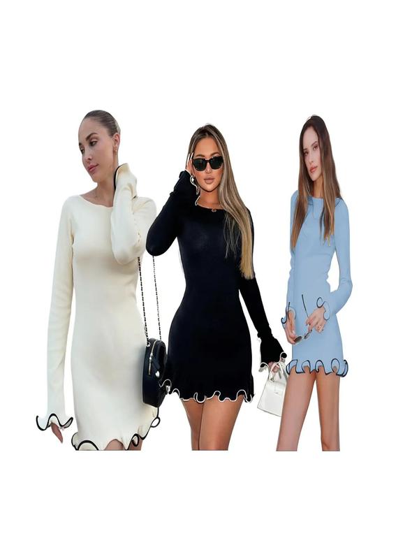 SARAH™ - Elegant Colorblock Wave Hem A-Line Long Sleeve Kleid