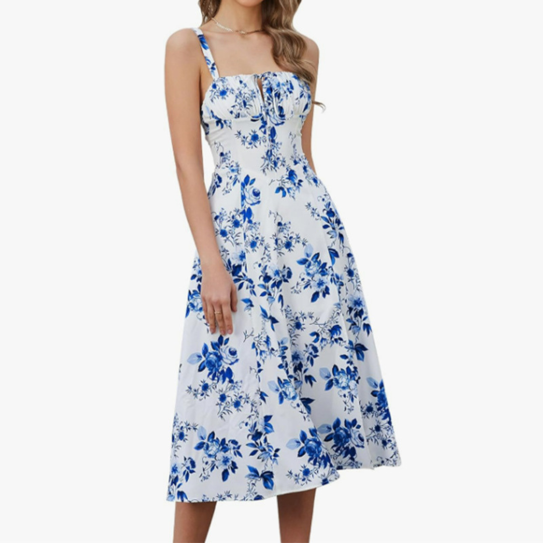 ARIELLOU™ – Elegant Lace-Up Square Neck Midikleid