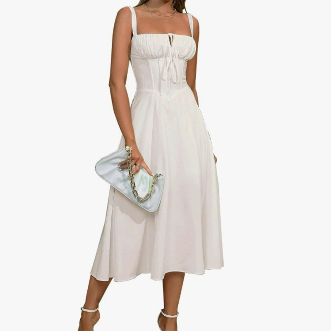 ARIELLOU™ – Elegant Lace-Up Square Neck Midikleid