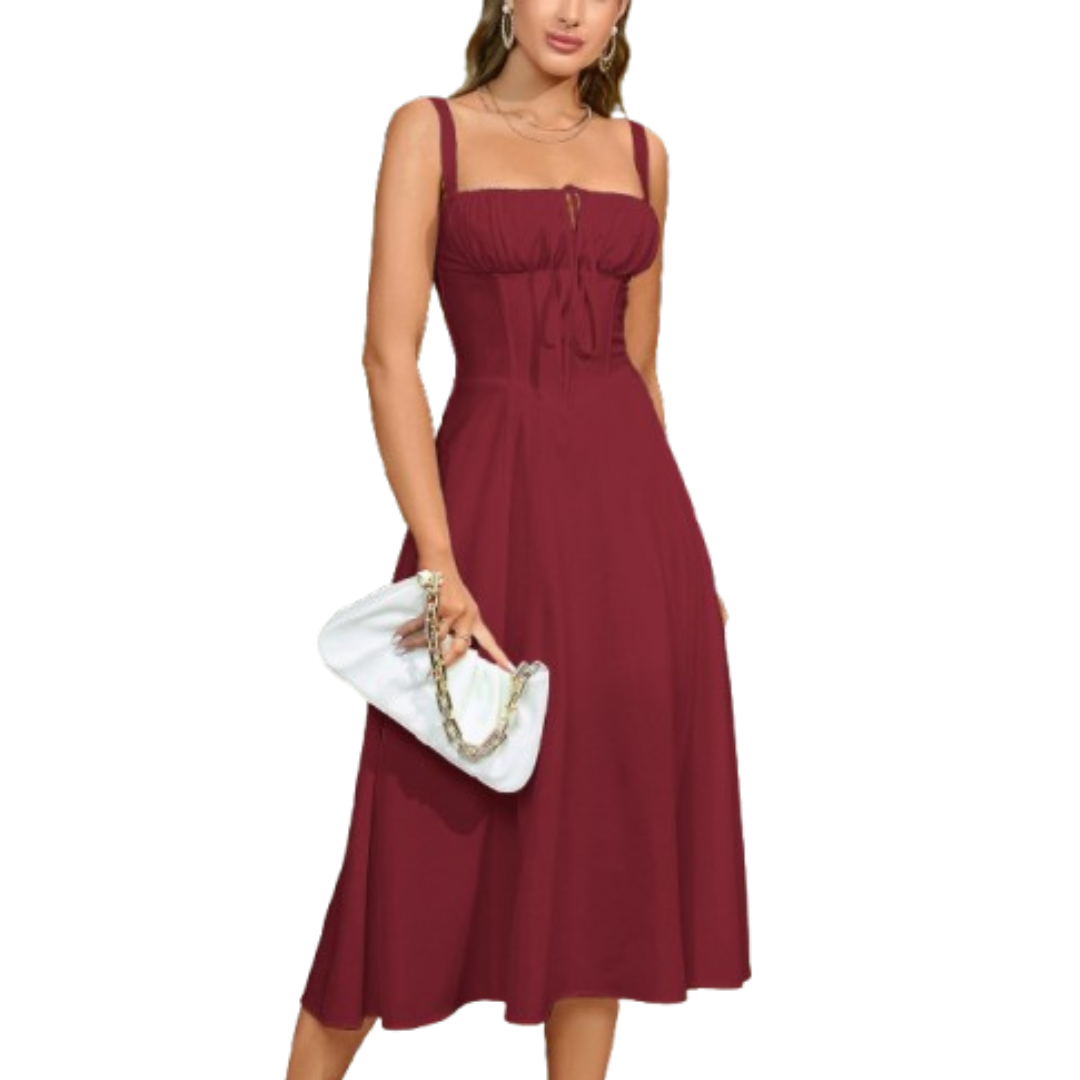 ARIELLOU™ – Elegant Lace-Up Square Neck Midikleid