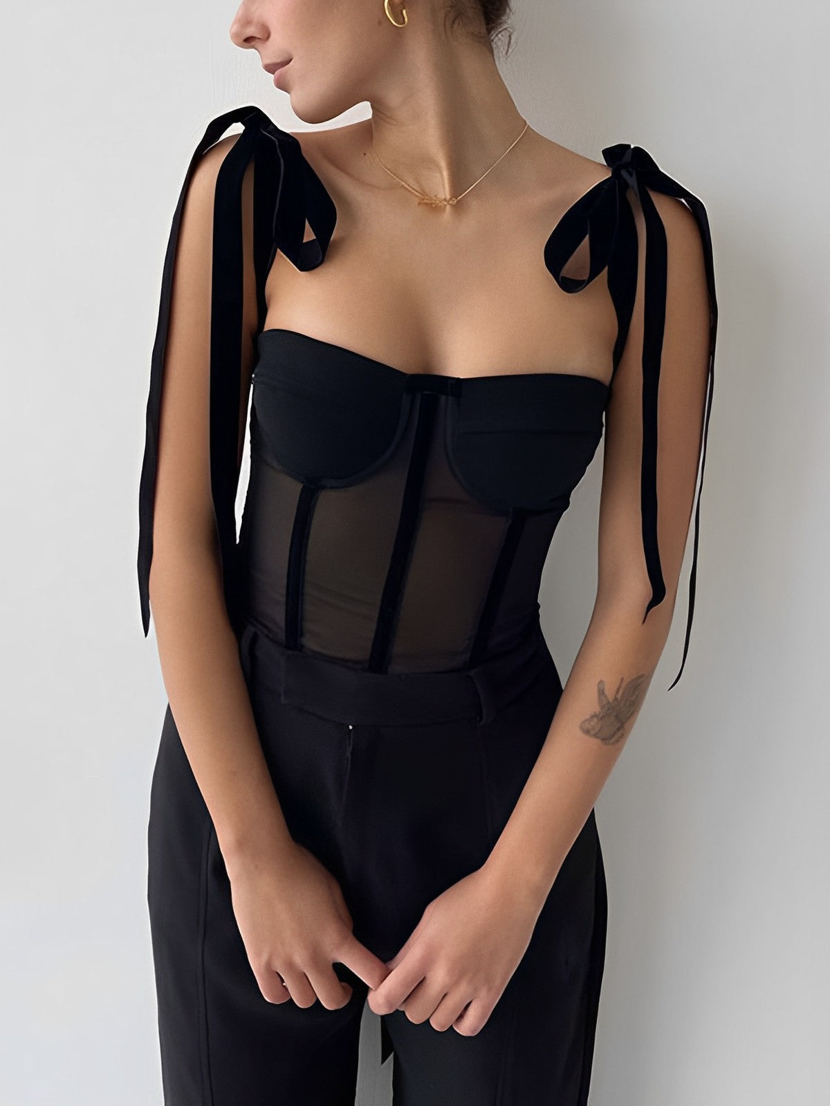 Yana - Black Mesh Corset Crop Top for Damen