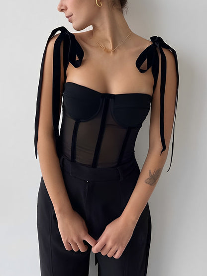 Yana - Black Mesh Corset Crop Top for Damen