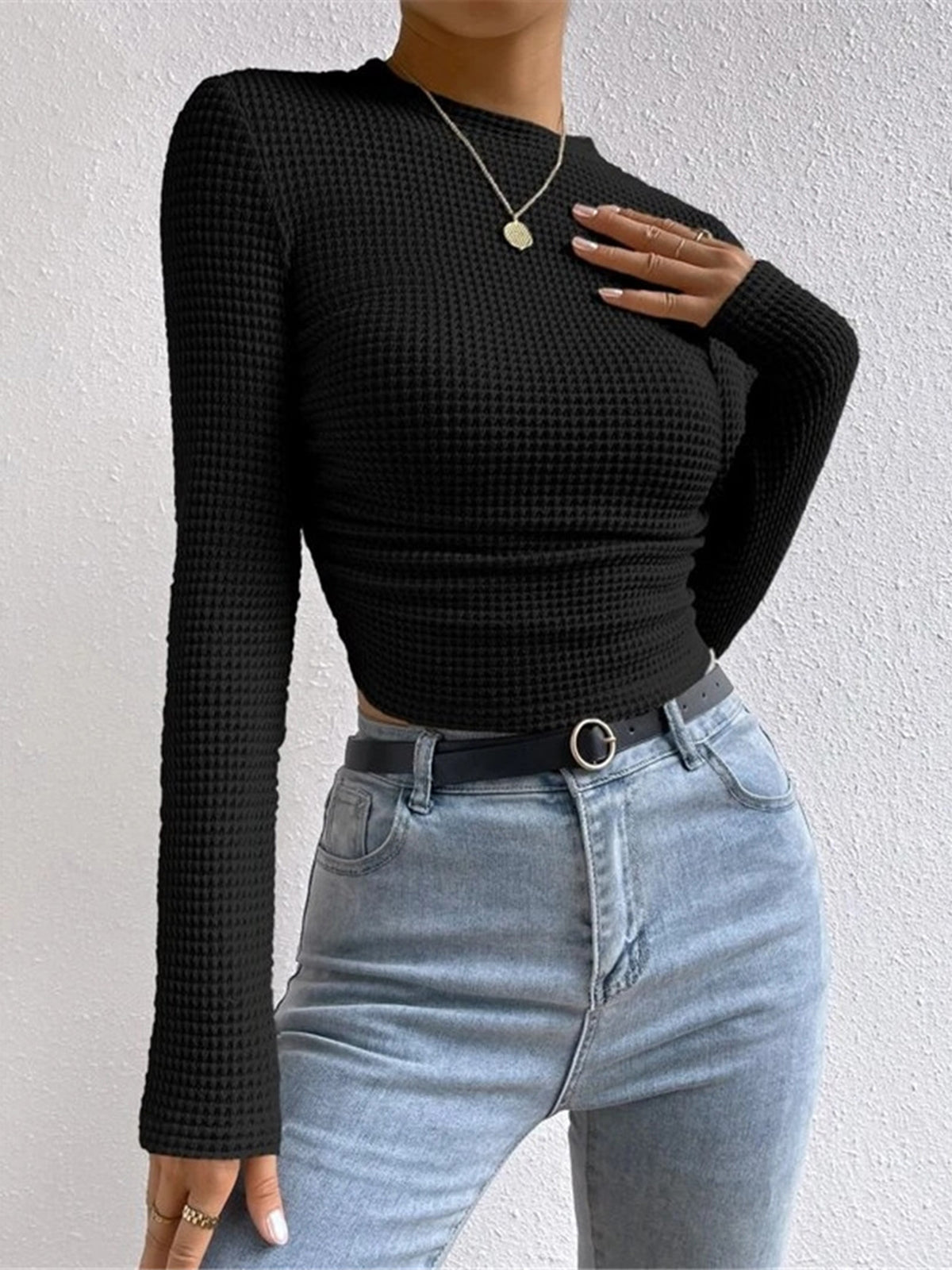 Sage | Damen Fitted Waffle Knit Long Sleeve Top