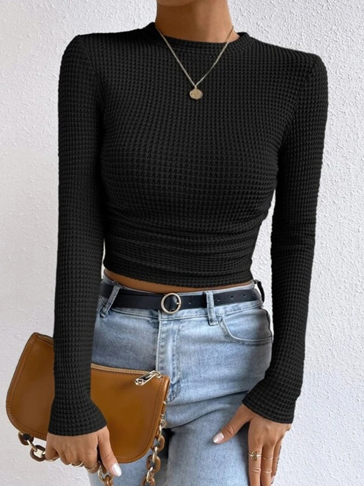 Sage | Damen Fitted Waffle Knit Long Sleeve Top