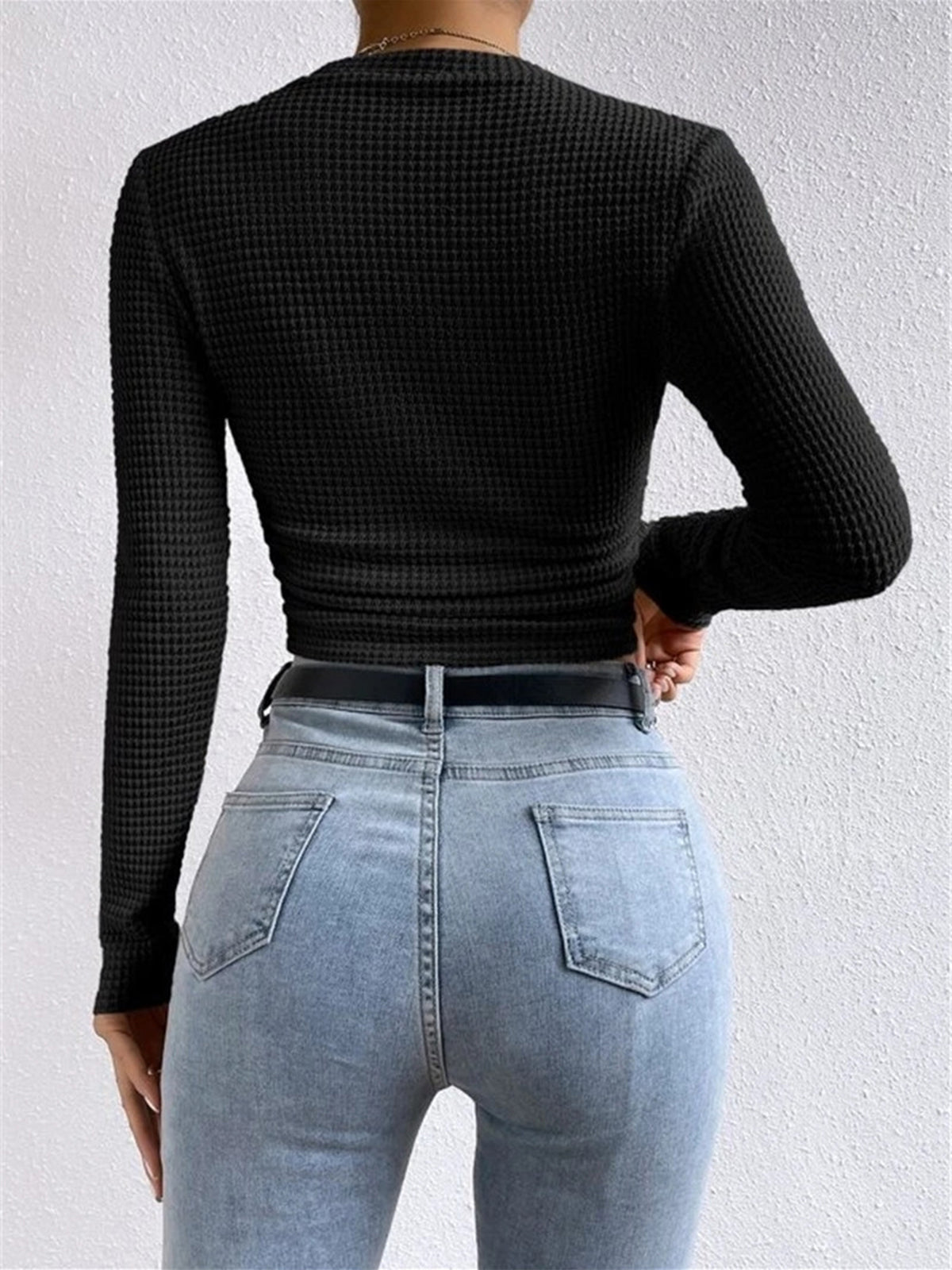 Sage | Damen Fitted Waffle Knit Long Sleeve Top