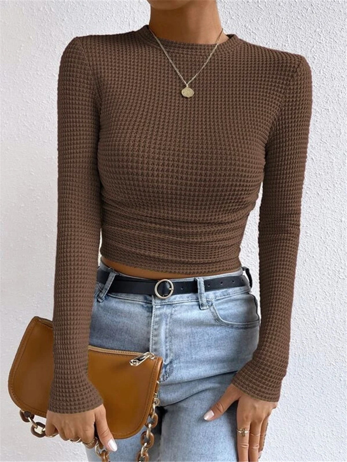 Sage | Damen Fitted Waffle Knit Long Sleeve Top