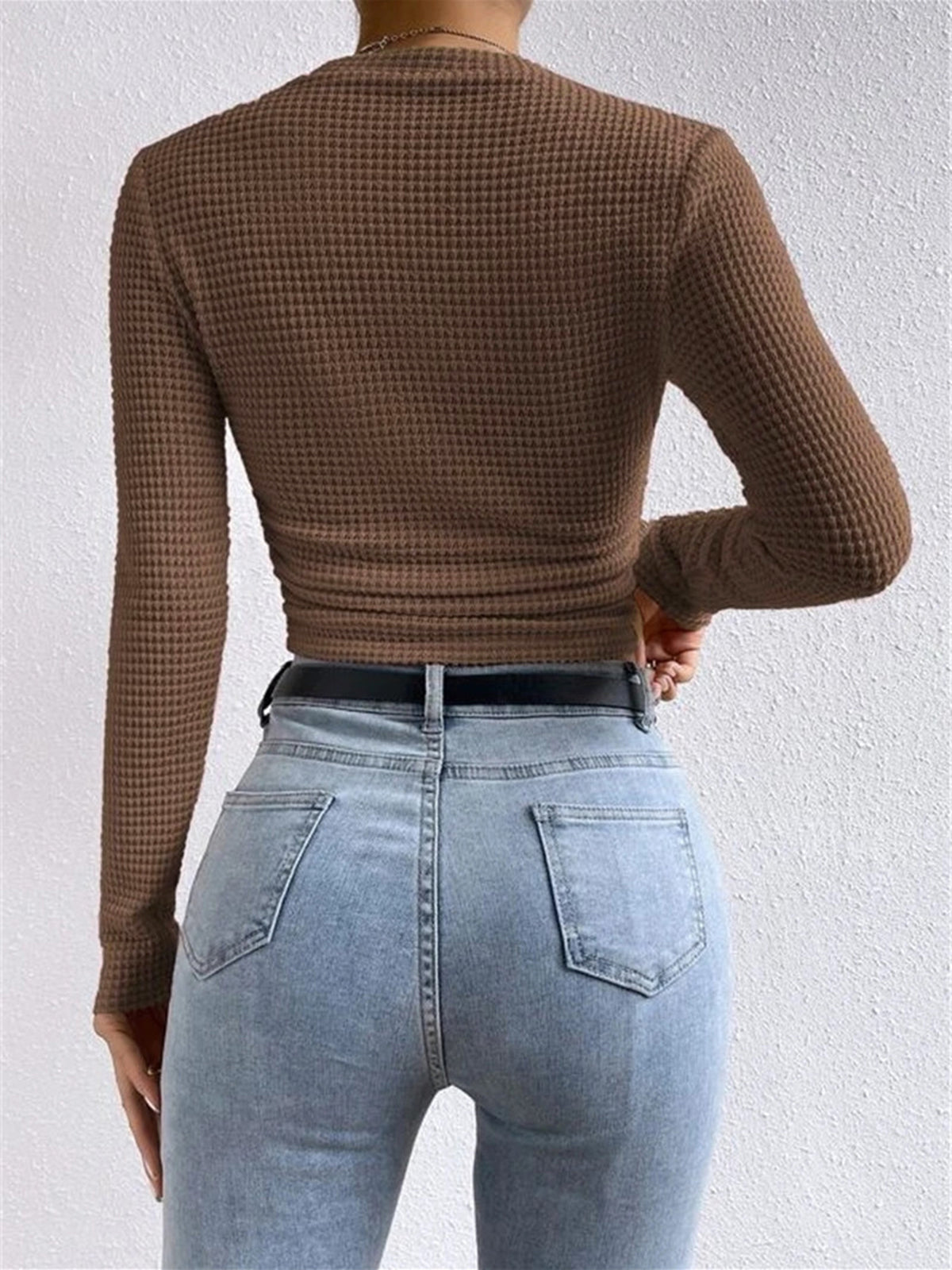 Sage | Damen Fitted Waffle Knit Long Sleeve Top
