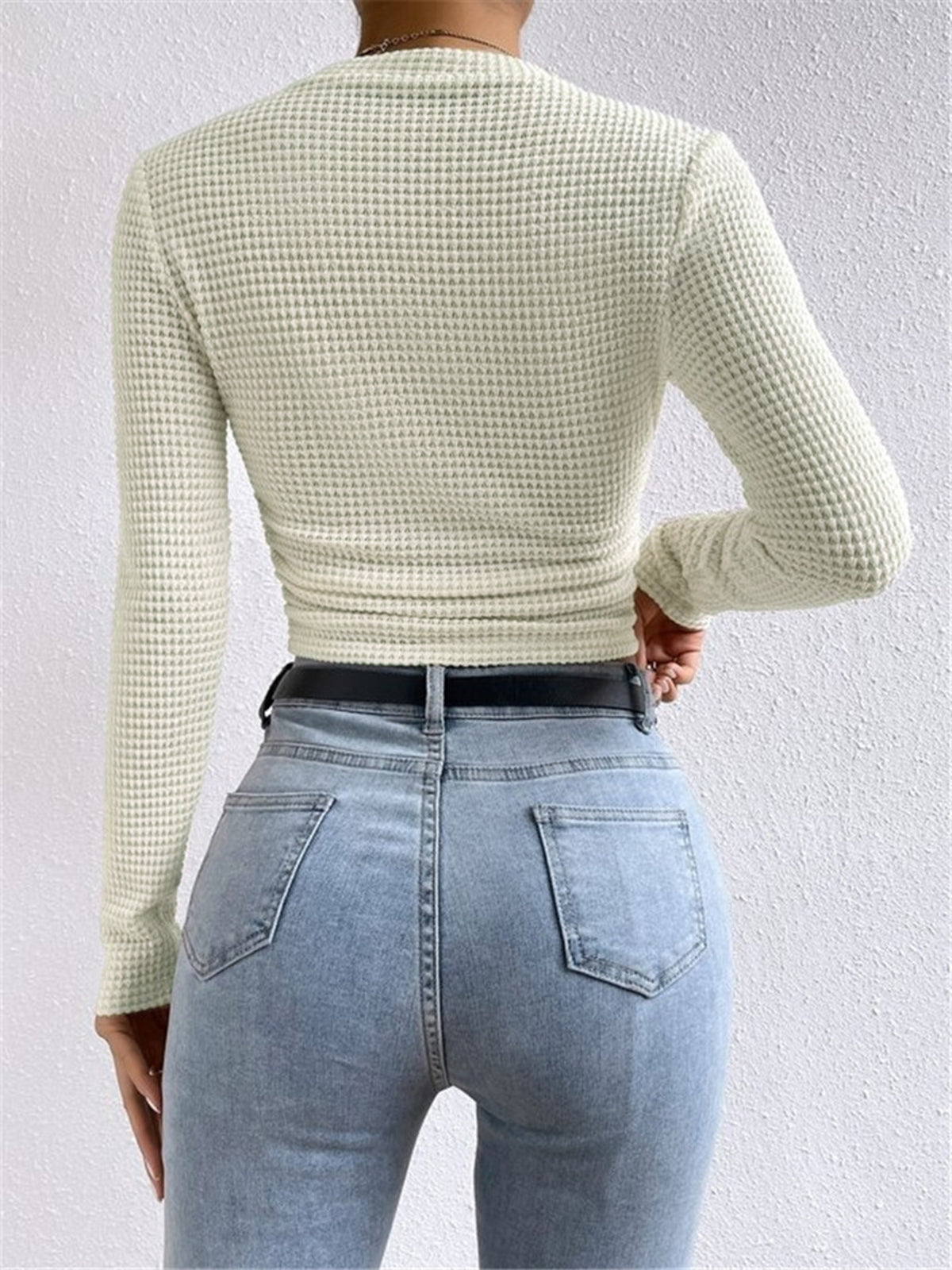 Sage | Damen Fitted Waffle Knit Long Sleeve Top