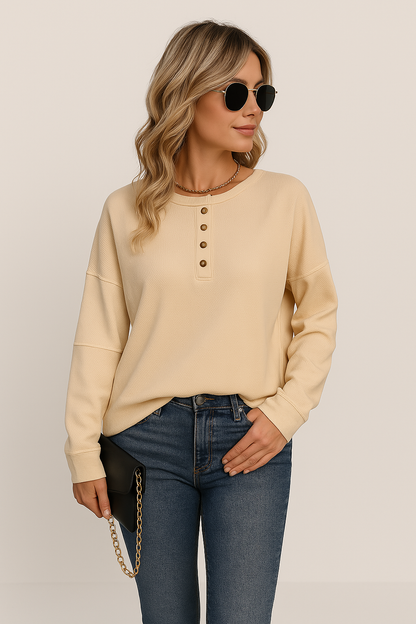 Winnie | Damen Button-Down Waffle Knit Long Sleeve Top