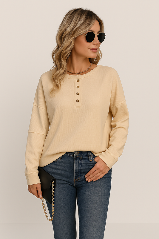 Winnie | Damen Button-Down Waffle Knit Long Sleeve Top