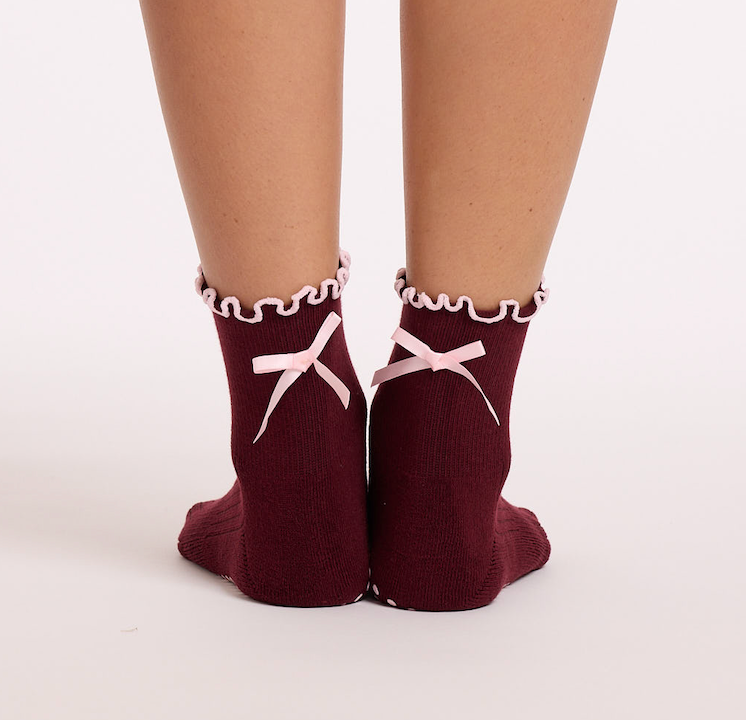 Burgundy - Pilates Socks Ballet Bow Non-Slip Grip