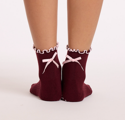 Burgundy - Pilates Socks Ballet Bow Non-Slip Grip