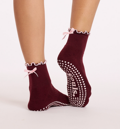 Burgundy - Pilates Socks Ballet Bow Non-Slip Grip