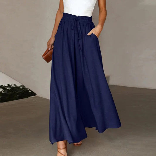 Gabriella | High Waist Elastic Pants with Drawstring – A-Line – With Pockets – Long and Airy