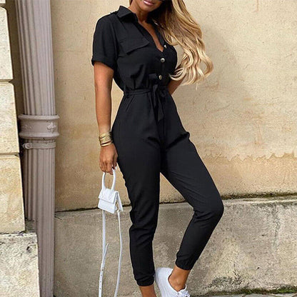 Reese | Lightweight Structured Fit Short Sleeve Jumpsuit With Button Closure