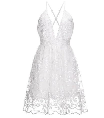 Naomi | Damen Elegant White Backless V-Neck Mini Summer Kleid