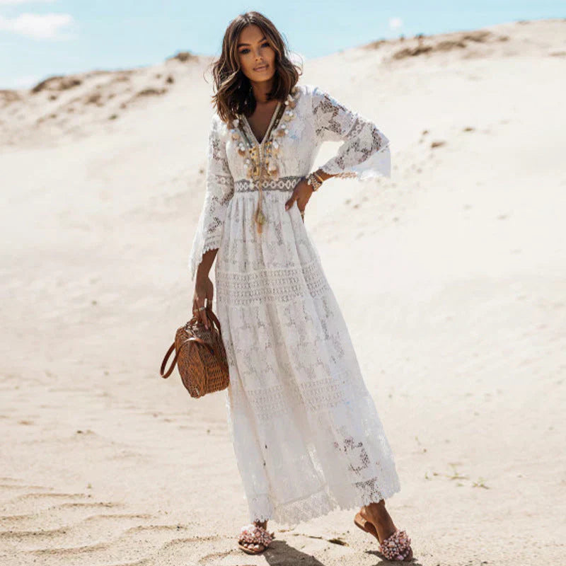 Lilly | Damen Flowy Long Sleeve Boho Maxi Kleid