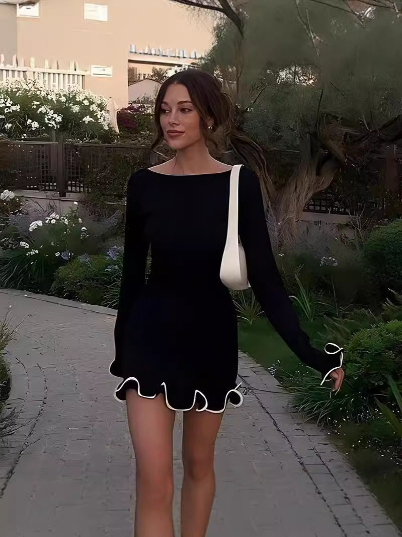 SARAH™ - Elegant Colorblock Wave Hem A-Line Long Sleeve Kleid