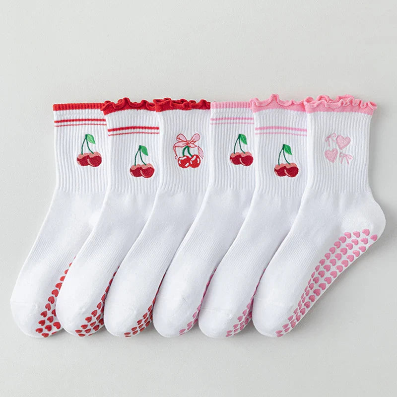 Damen’s Pilates Socks - Cherry Embroidered Non-Slip