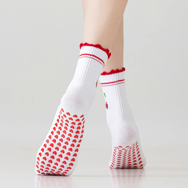 Damen’s Pilates Socks - Cherry Embroidered Non-Slip