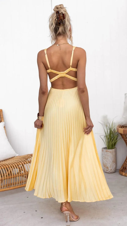 Mandy | Elegant Yellow Pleated V-Neck Maxi Kleid
