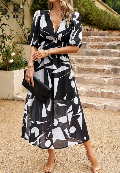 Roxanne | Elegant Floral Midikleid with Puff Sleeves