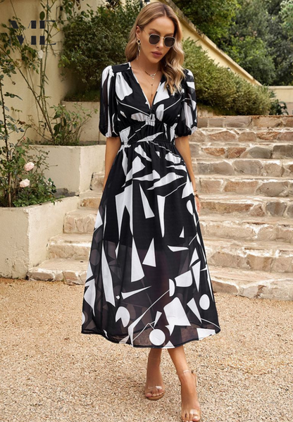 Roxanne | Elegant Floral Midikleid with Puff Sleeves
