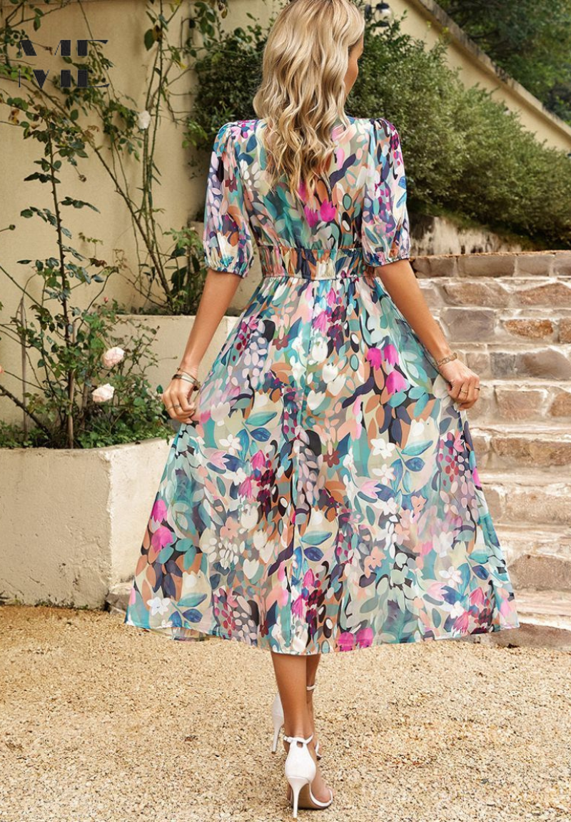 Roxanne | Elegant Floral Midikleid with Puff Sleeves